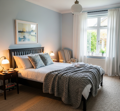 A bedroom with a bed and a window